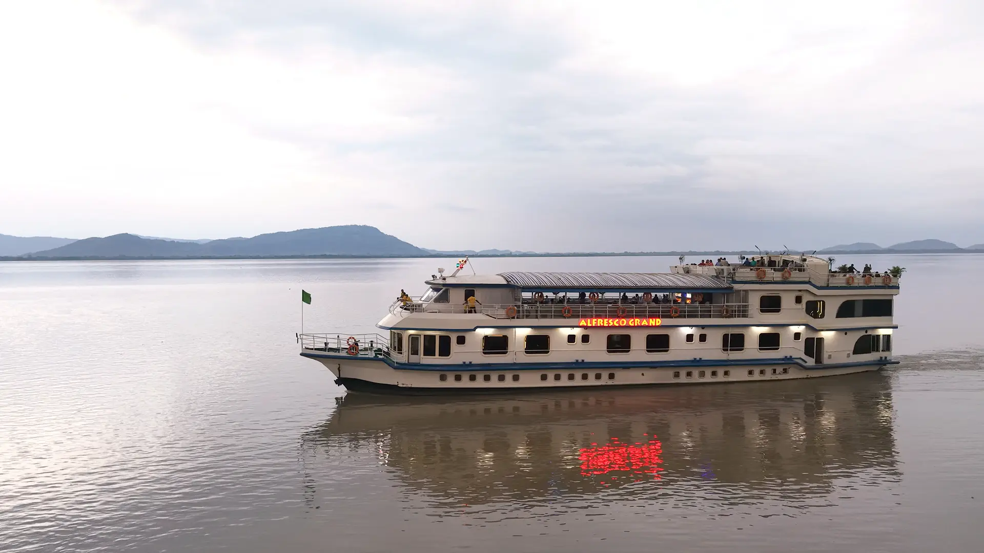 Aerial drone view of the Alfresco Grand cruise on the Brahmaputra river in Guwahati
